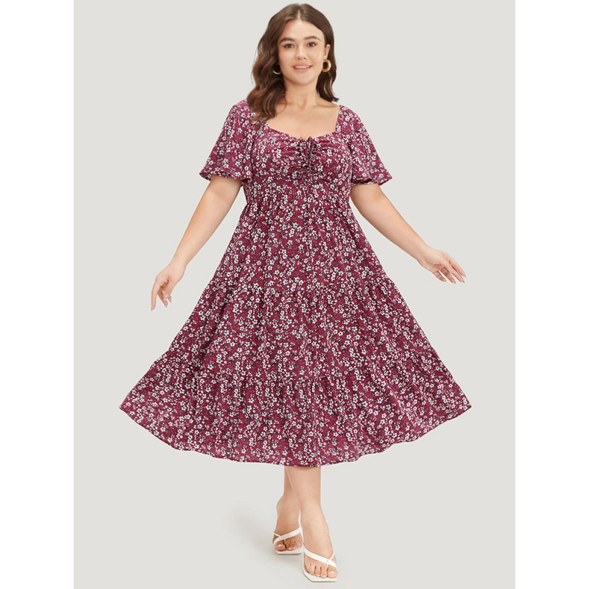Plus Size Ditsy Floral Pocket Drawstring Ruched Flutter Sleeve Dress Scarlet Women Elegant Printed Square Neck Short sleeve Curvy Midi Dress BloomChic 26/4X Product Image