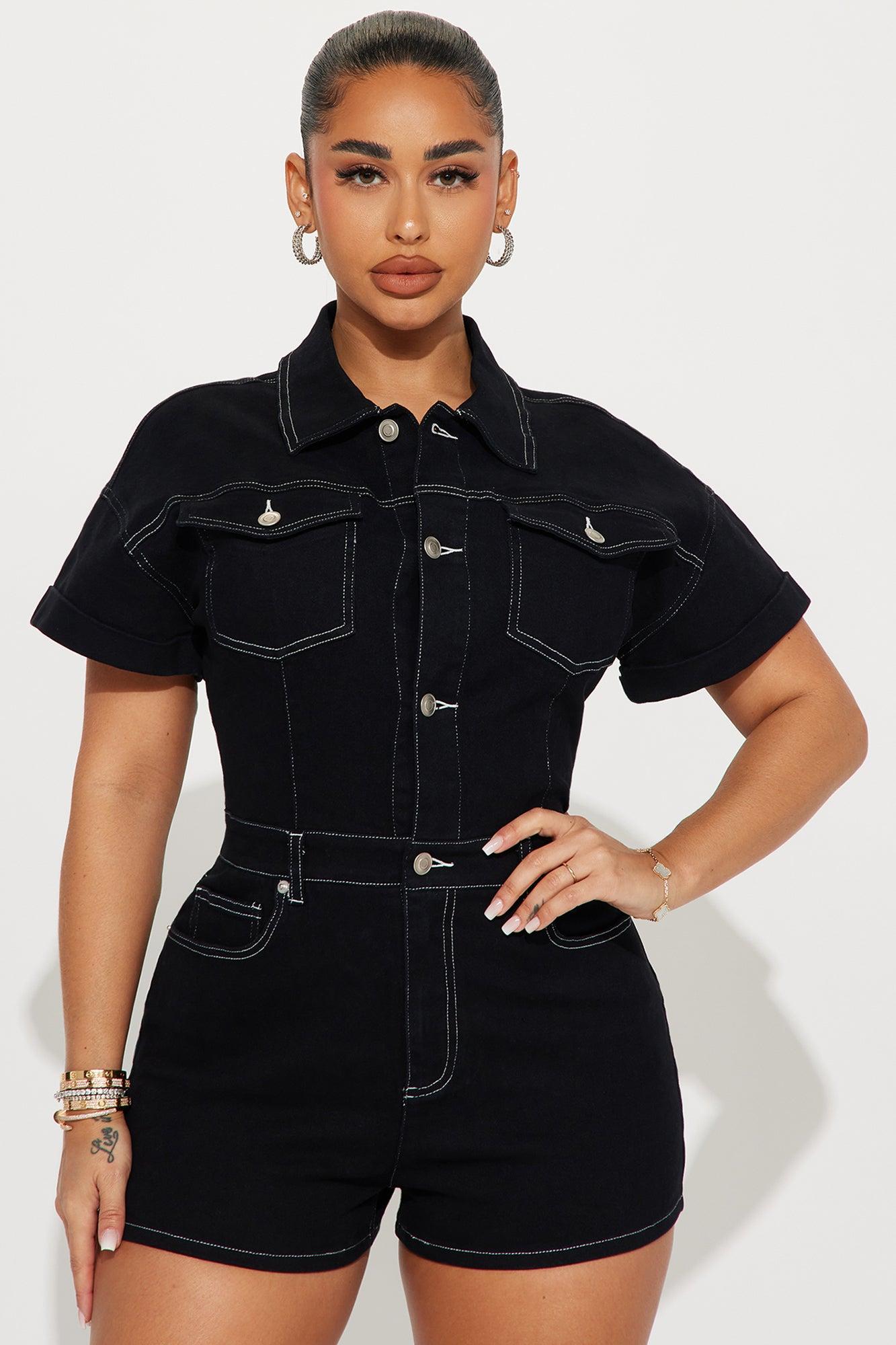 Talk To Me Denim Romper - Black/White Product Image