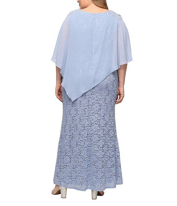 Ignite Evenings Plus Size Short Sleeve Round Neck Beaded Sequin Floral Lace Caplet Gown Product Image