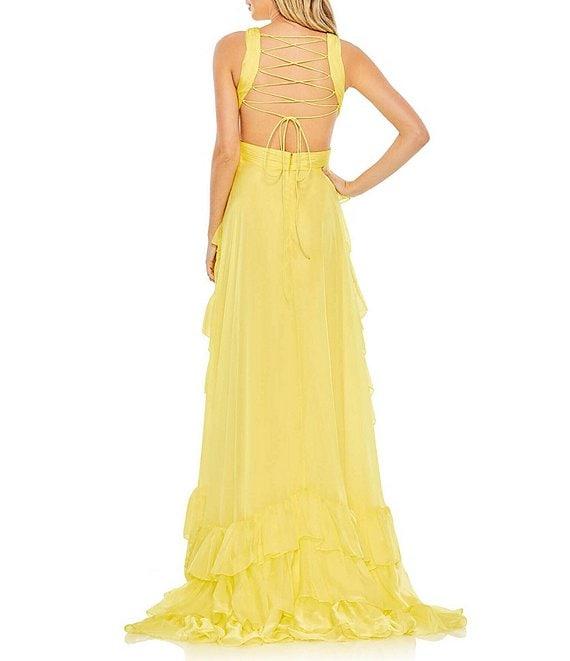 Mac Duggal V-Neck Sleeveless Side Cut Out Back Detail Tiered Ruffle High-Low Gown Product Image