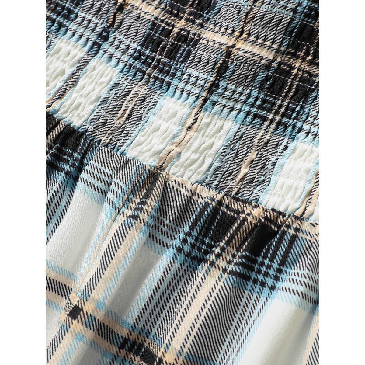 Plus Size Plaid Ruffle Trim Patchwork Hem Dress LightBlue Women Casual Shirred Non Sleeveless Curvy BloomChic 10/M Product Image