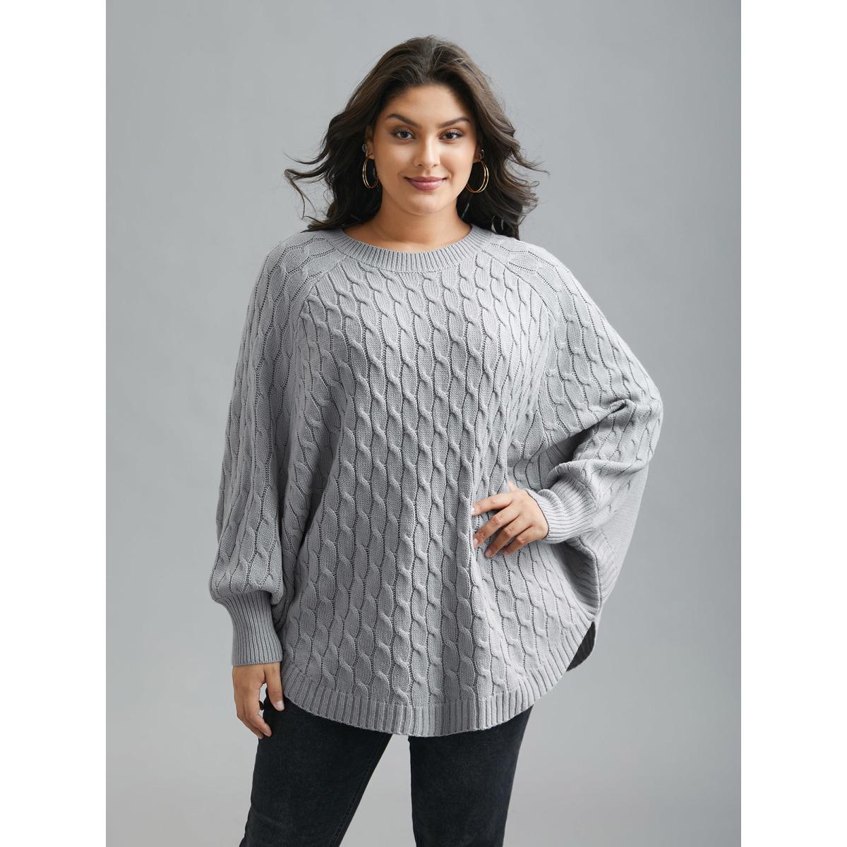 Plus Size Cable Knit Dolman Sleeve Curved Hem Pullover LightGray Women Leisure Loose Long Sleeve Round Neck Casual Pullovers BloomChic 14-16/1X Product Image