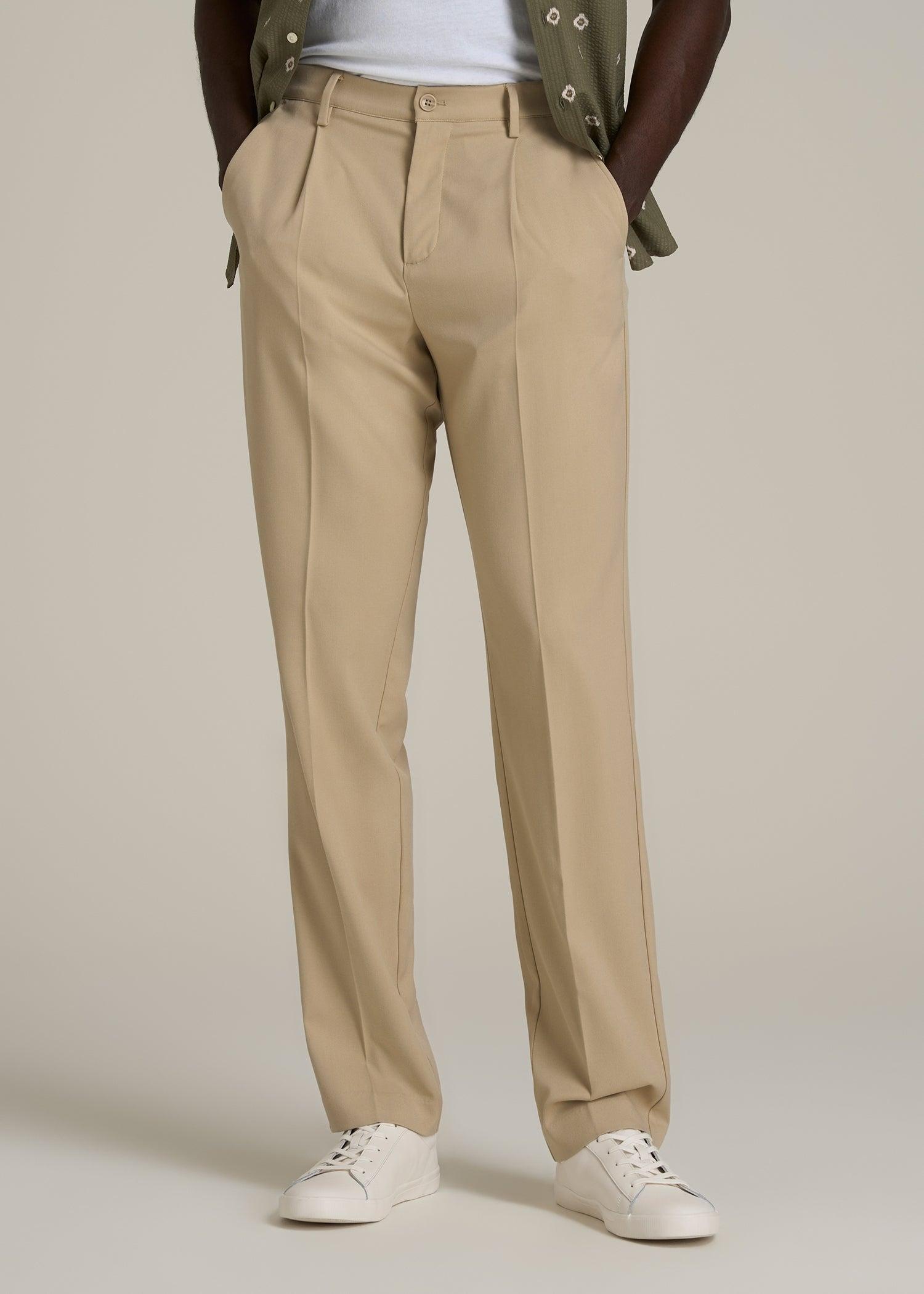 Relaxed Pleated Trousers for Tall Men in Light Khaki Male Product Image