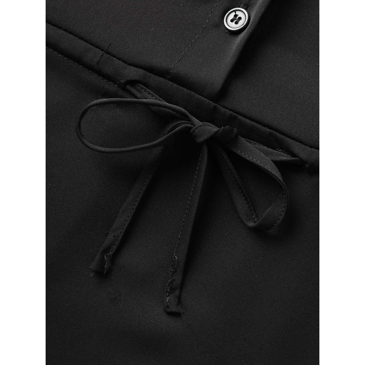 Plus Size Black Solid Drawstring Waist Blouse Women Cap Sleeve Shirt collar Work Blouses BloomChic 30/6X Product Image