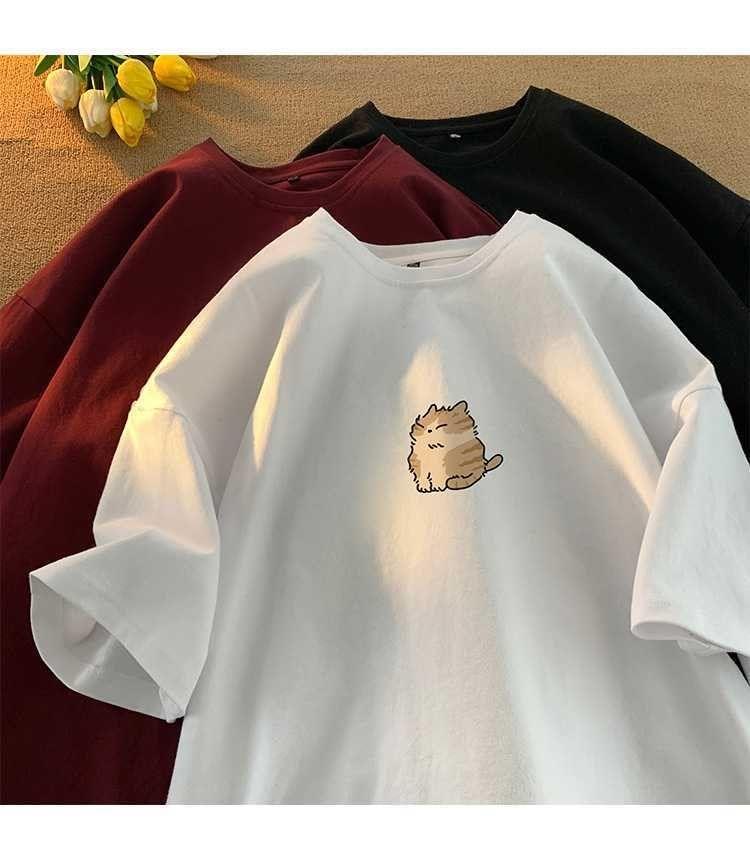 Elbow-Sleeve Round Neck Cartoon Print Tee Product Image