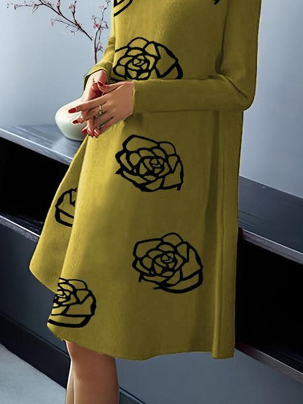 A-Line Long Sleeves Flower Print Mock Neck Midi Dresses Product Image