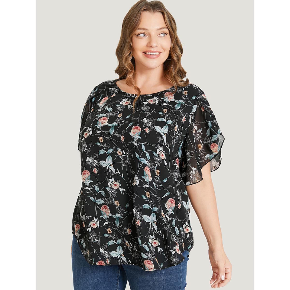 Plus Size Black Floral Split Sleeve Chiffon Blouse Women Elegant Short sleeve Round Neck Dailywear Blouses BloomChic 30/6X Product Image