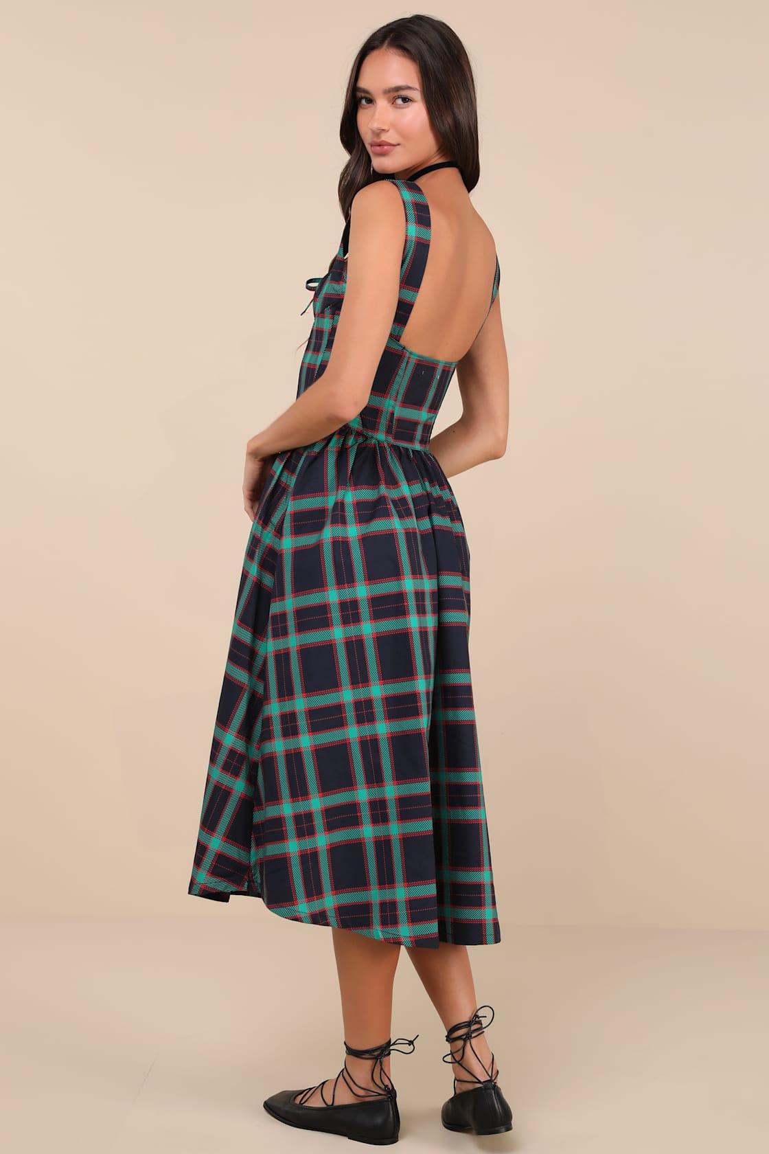 Dola Black Multi Plaid Sleeveless Bustier Midi Dress Product Image