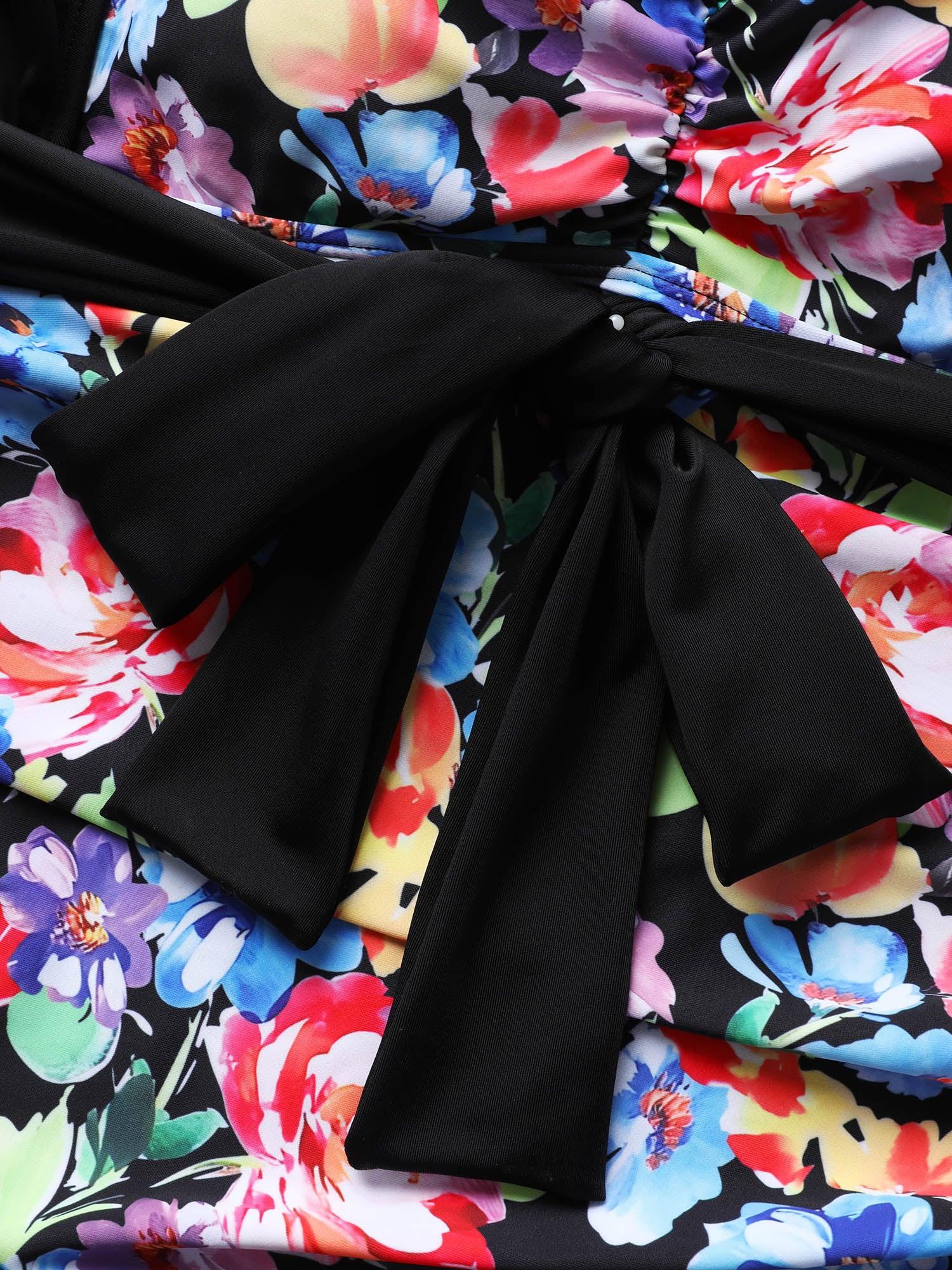 Floral Contrast Tie Knot Ruffle Trim One Piece Swimsuit Female Product Image