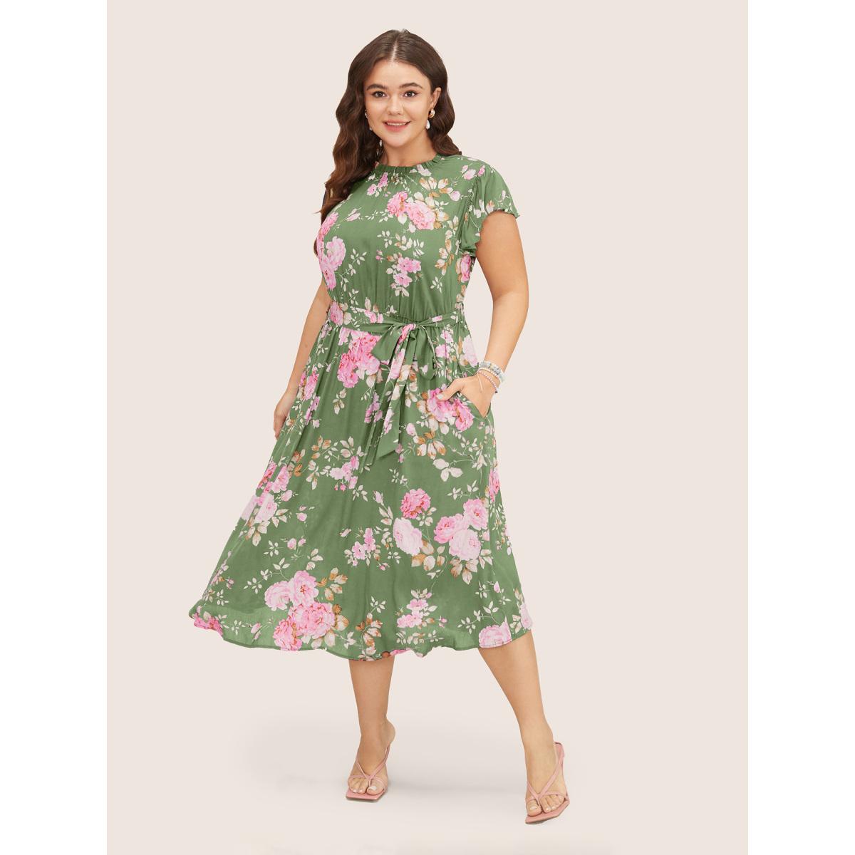 Plus Size Floral Frill Trim Mock Neck Pocket Ruffle Belted Cap Sleeve Dress Palemauve Women Romantic Non Round Neck Short sleeve Curvy Midi Dress BloomChic 26/4X Product Image