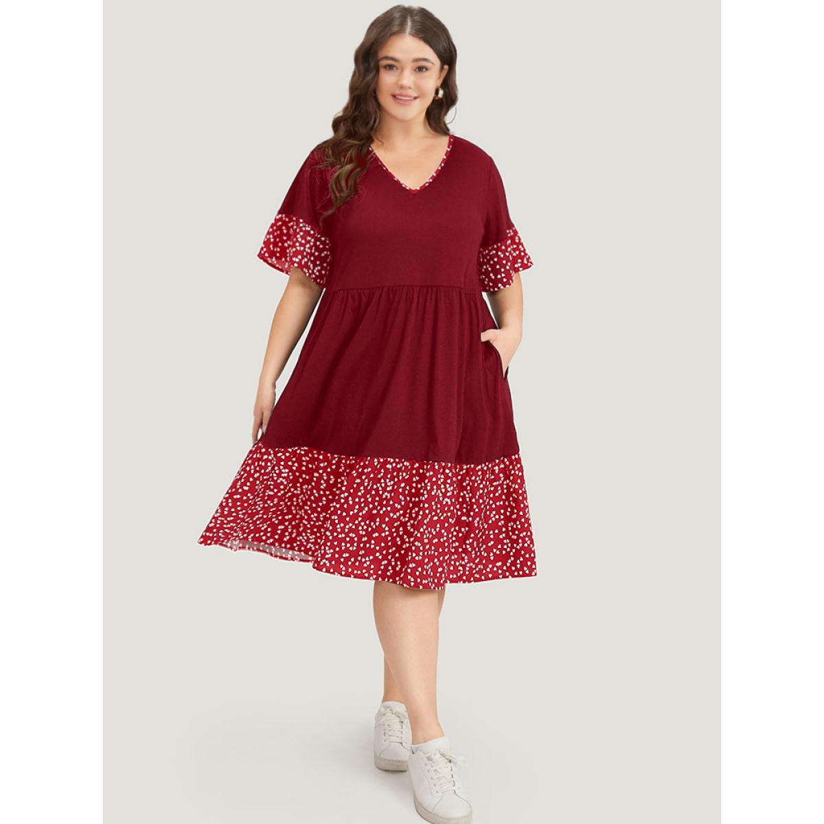 Plus Size Supersoft Essentials Heart Print Patchwork Flutter Trim Dress Crimson Women Casual Gathered V-neck Short sleeve Curvy Midi Dress BloomChic 14-16/1X Product Image