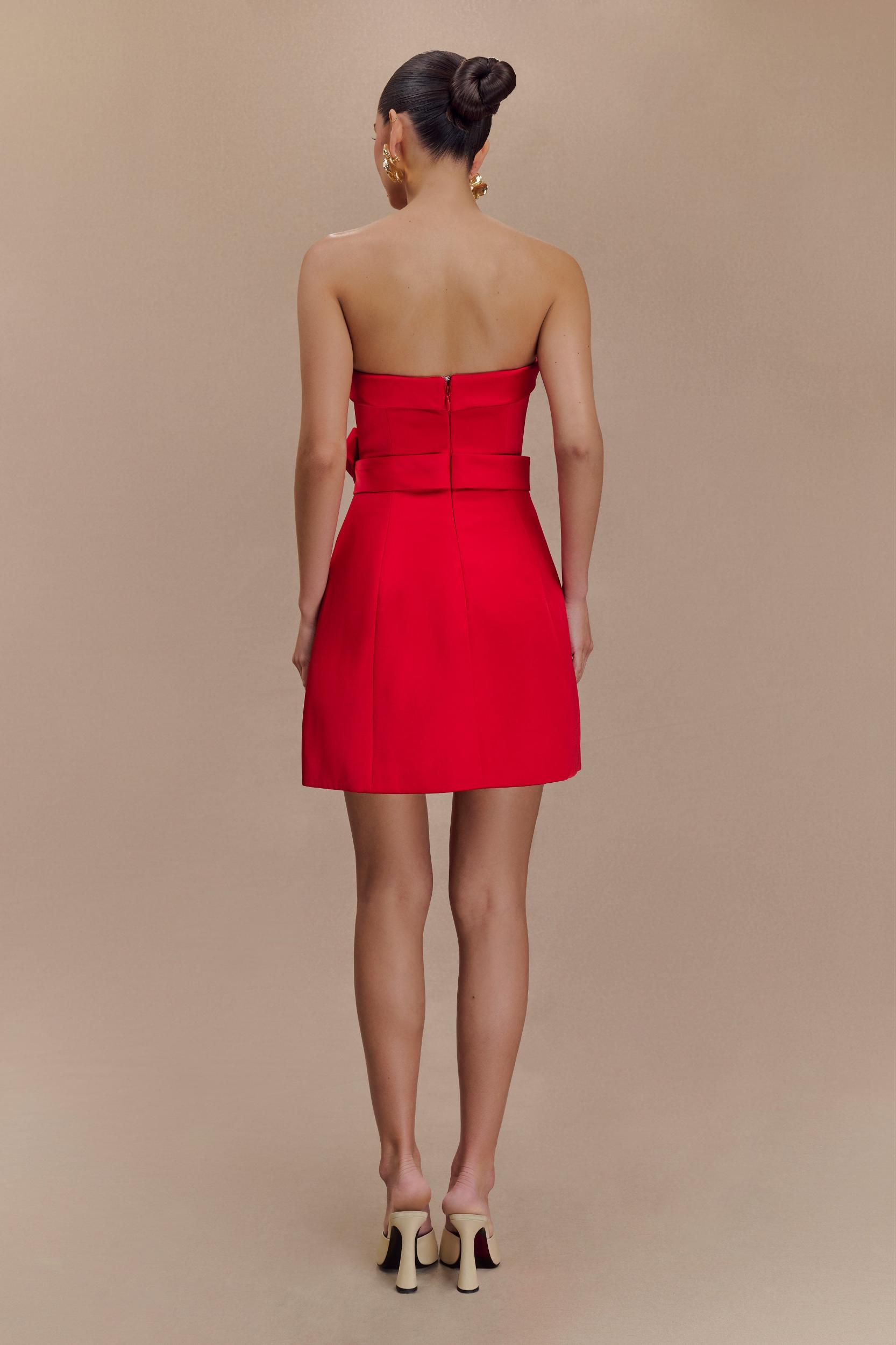 Tatiana Satin Strapless Bow Mini Dress - Red Product Image