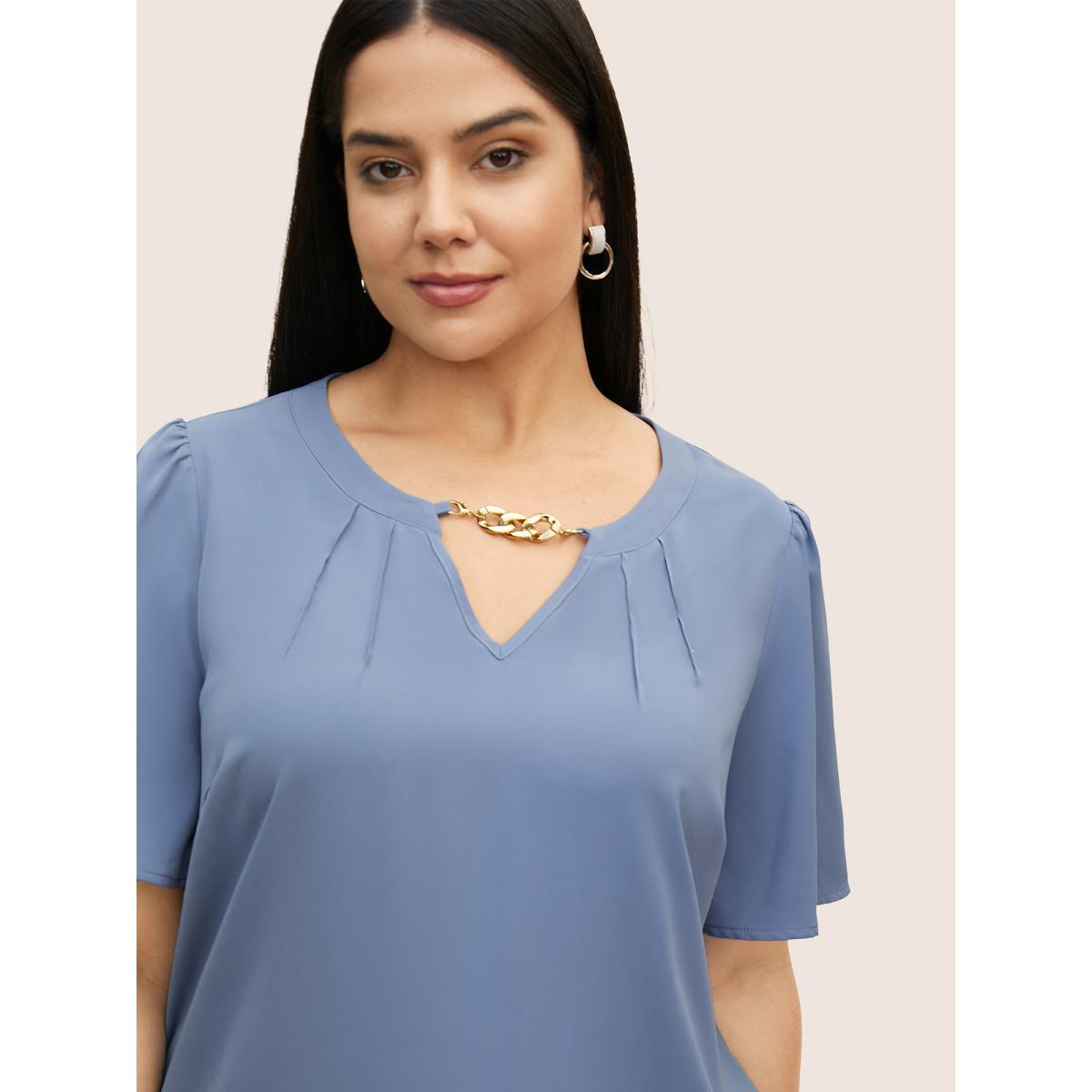 Plus Size Stone Keyhole Metal Chain Detail Ruffle Sleeve Blouse Women Work From Home Short sleeve Round Neck Work Blouses BloomChic 22-24/3X Product Image