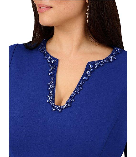 Adrianna Papell Plus Size Solid Crepe Jewel Embellished Split V-Neck Long Sleeve Sheath Dress Product Image