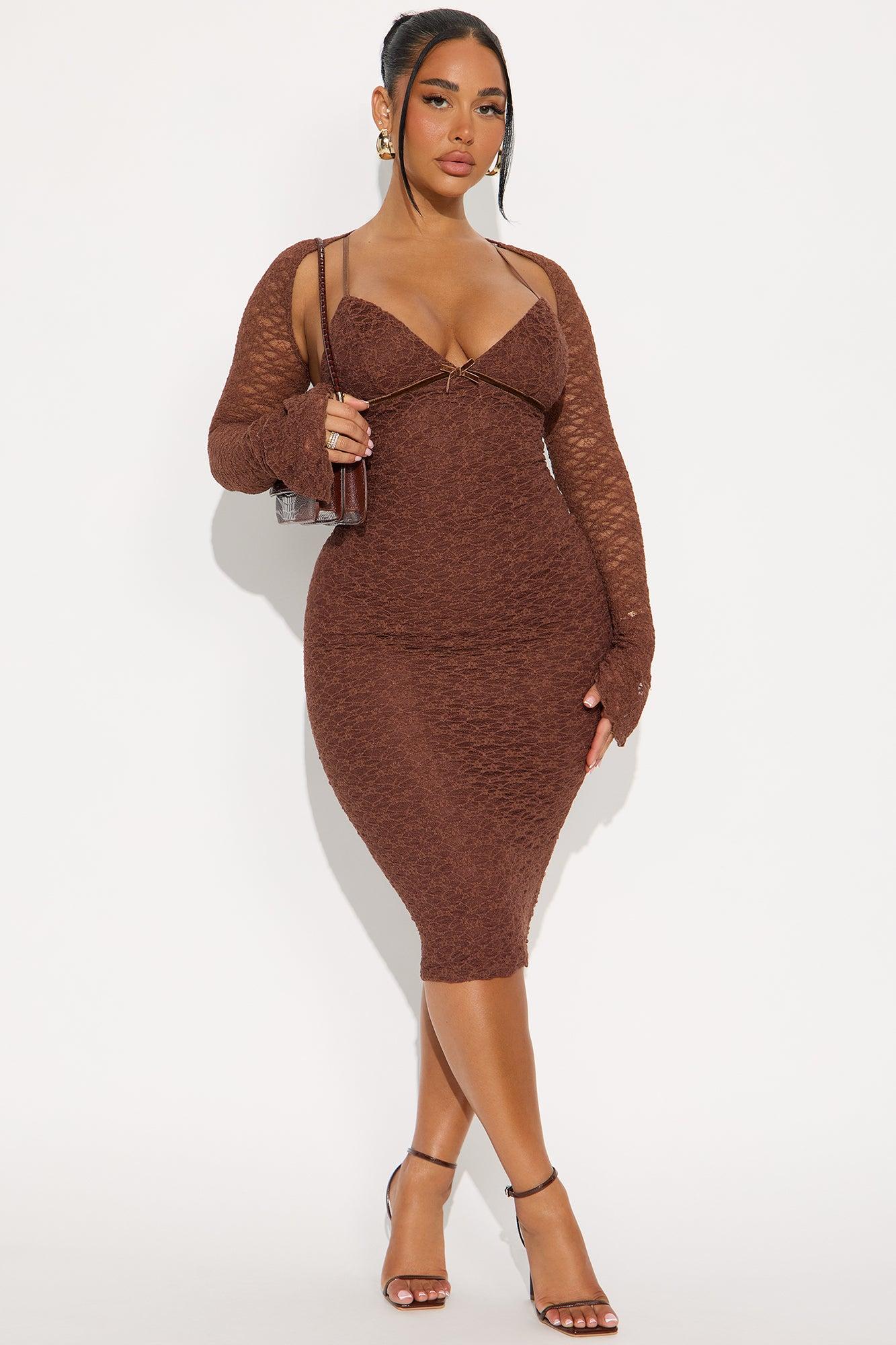 Lace Midi And Bolero Dress Set - Chocolate Female Product Image