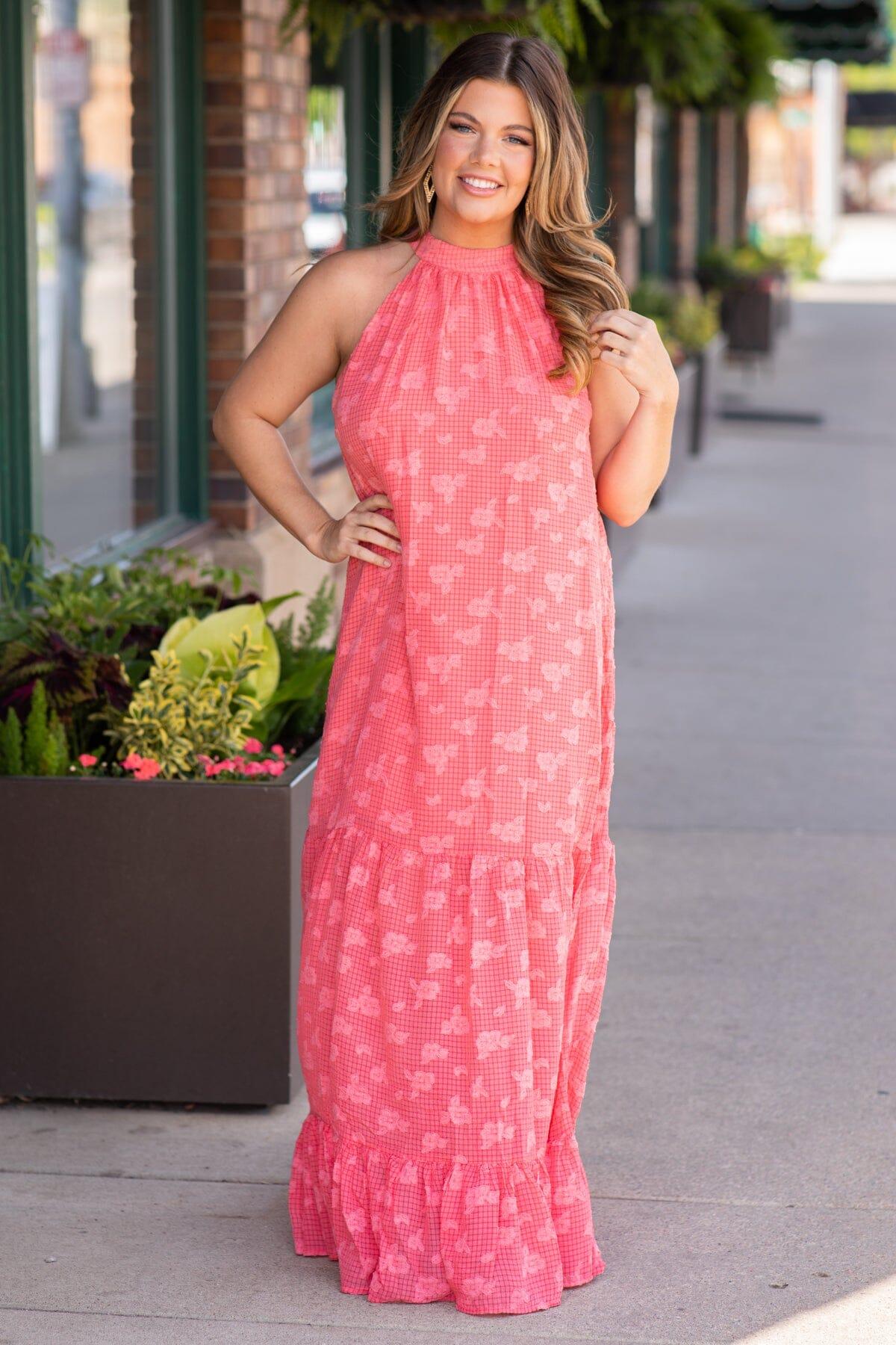 Coral Textured Halter Neck Maxi Dress Product Image