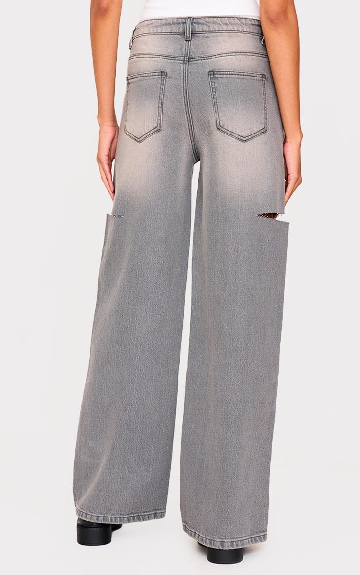 Washed Grey Thigh Split Wide Leg Style Jeans Product Image