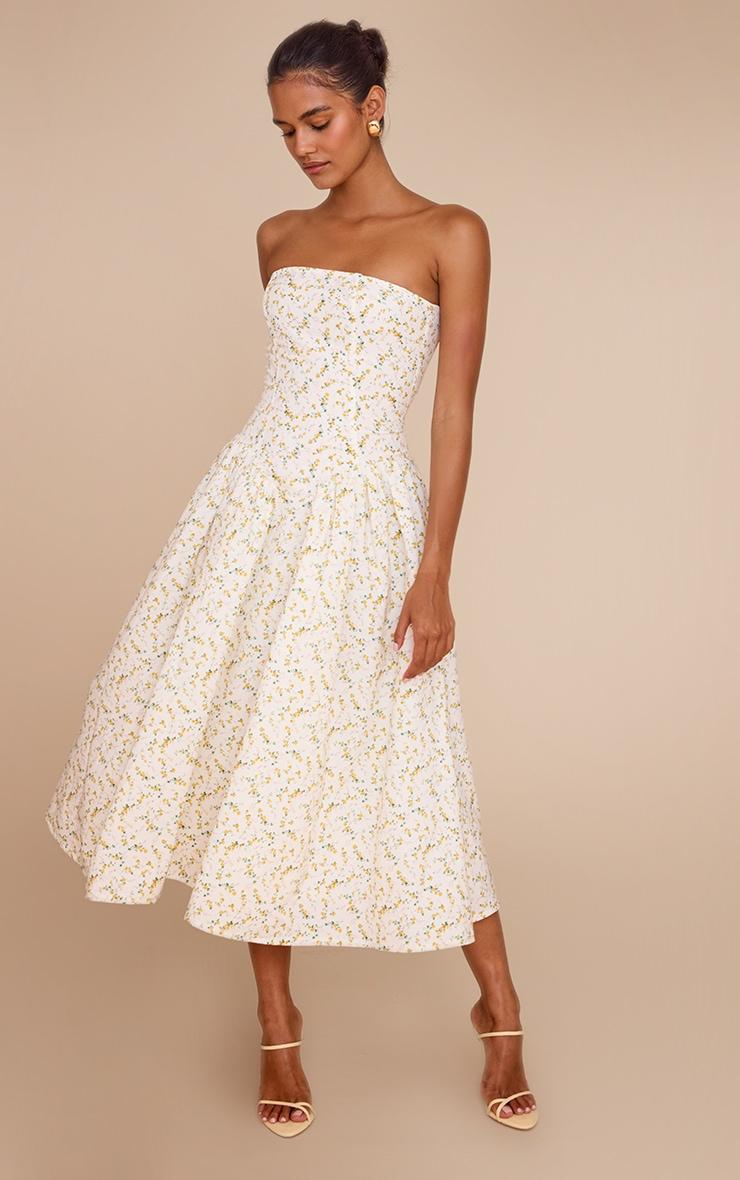 Yellow Ditsy Printed Bandeau Skater Midaxi Dress Product Image