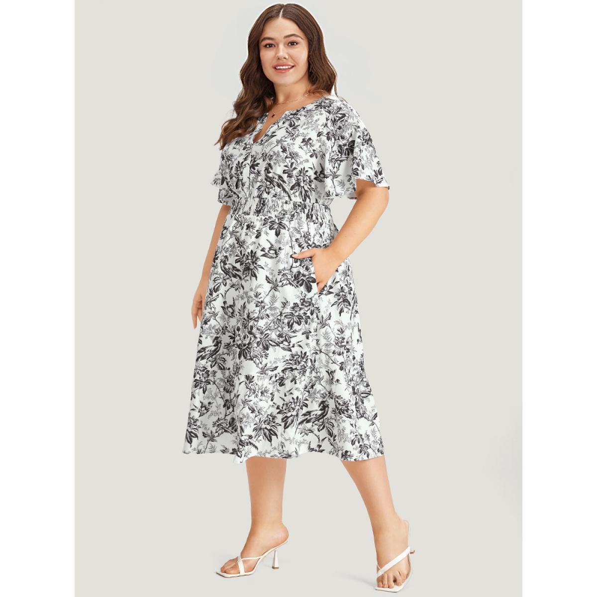 Plus Size Silhouette Floral Print Shirred Notched Pocket Ruffles Dress Black Women Elegant Shirred Notched collar Short sleeve Curvy Midi Dress BloomChic 22-24/3X Product Image
