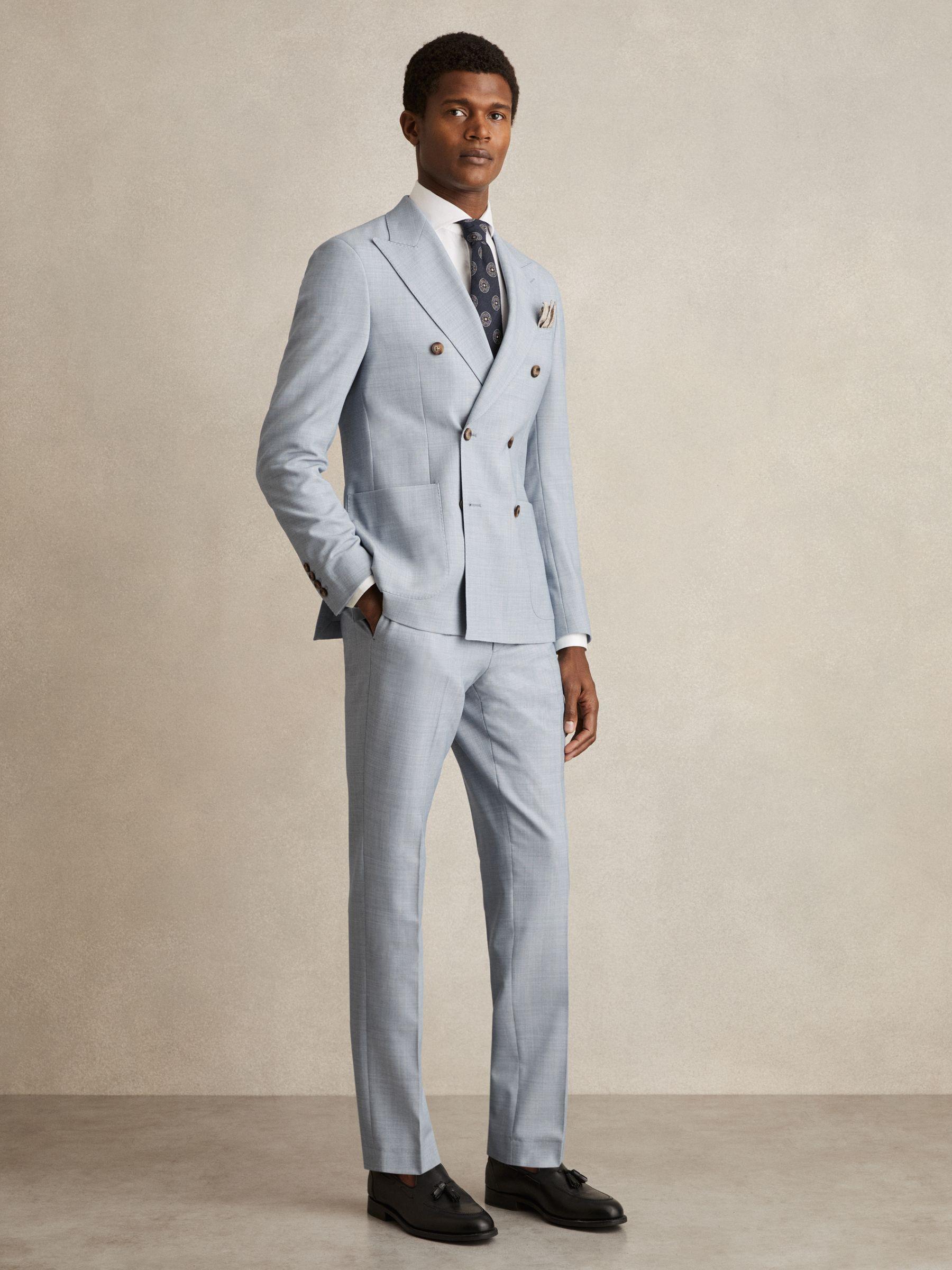 Double-Breasted Textured Suit Blazer With Wool Slim-Fit in Soft Blue Product Image