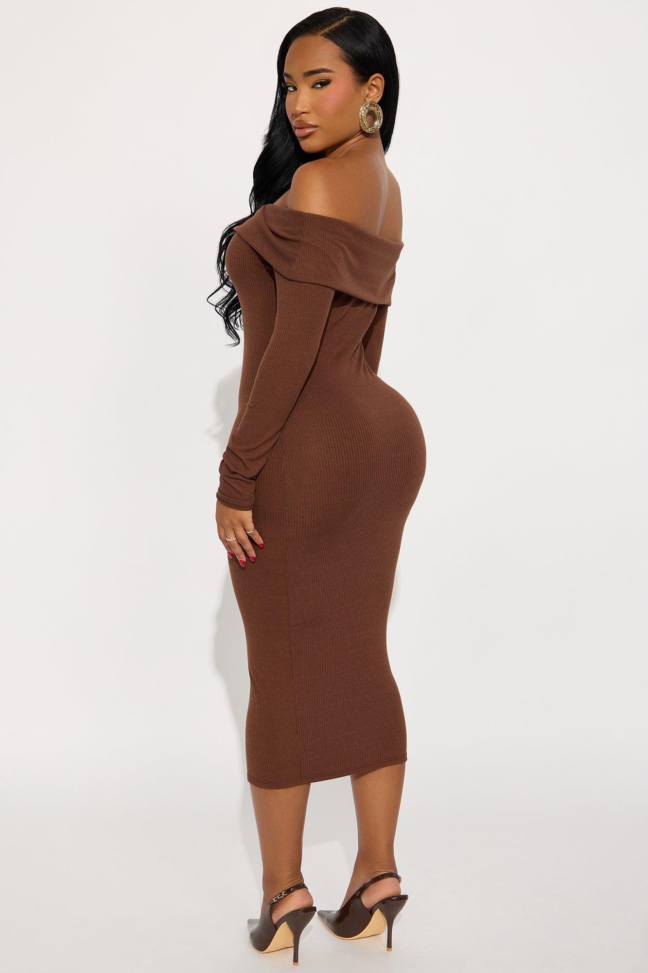 Leilani Off Shoulder Sweater Midi Dress - Chocolate Female Product Image