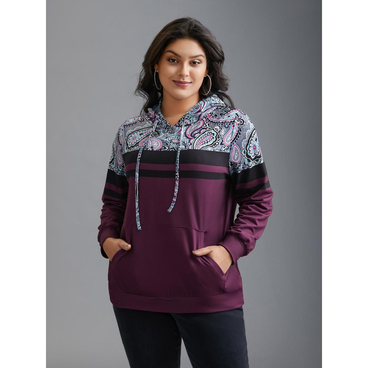 Plus Size Bandana Print Stretchy Contrast Hoodie Women Multicolor Casual Contrast Hooded Everyday Sweatshirts BloomChic 22-24/3X Product Image