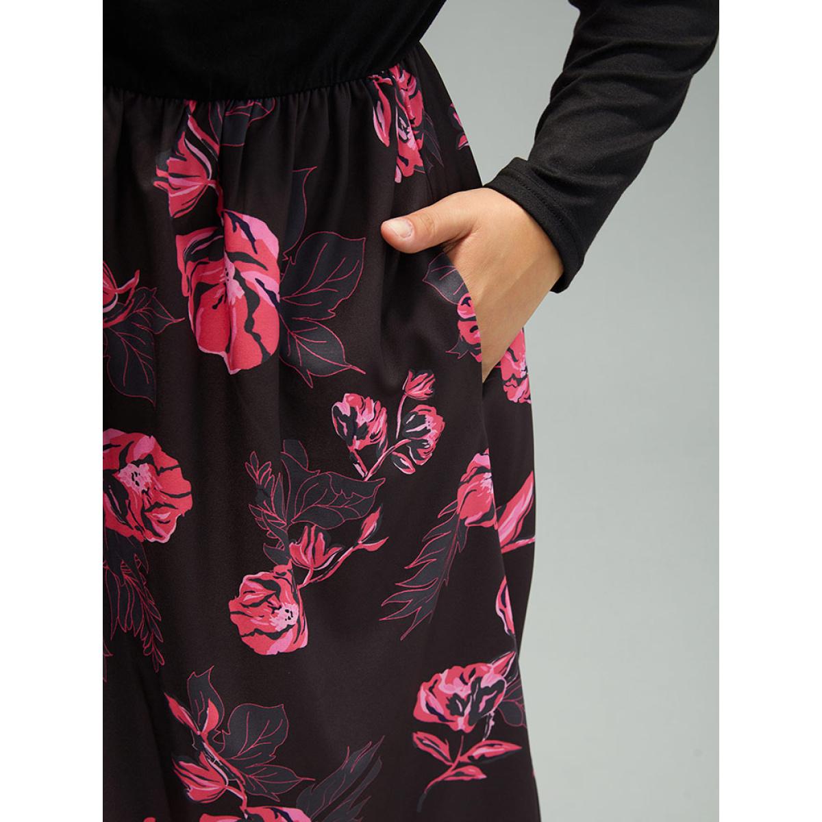 Plus Size Floral Patchwork Gathered Drawstring Dress Black Women Casual Gathered Tie Neck Long Sleeve Curvy Midi Dress BloomChic 10/M Product Image