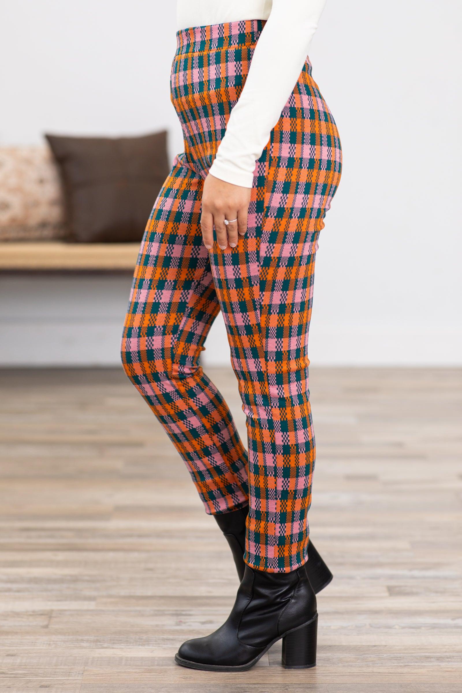 Orange Plaid Pull On Pants Product Image