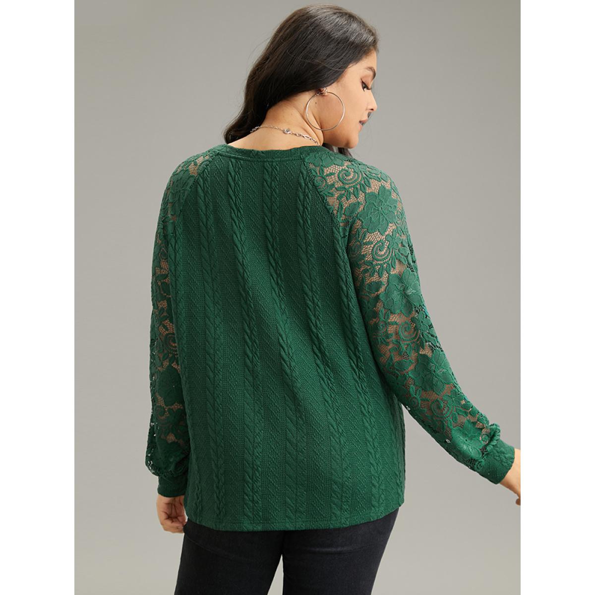 Plus Size Guipure Lace Cable Knit Raglan Sleeve Sweatshirt Women Green Elegant Texture Round Neck Dailywear Sweatshirts BloomChic 26/4X Product Image