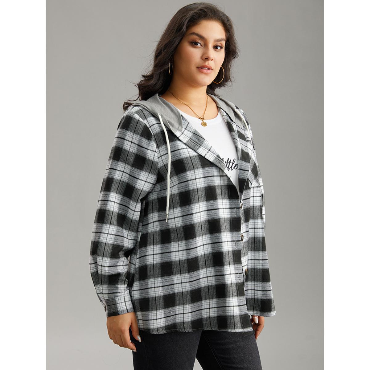Plus Size Plaid Patchwork Hooded Drawstring Button Through Jacket Women Black Casual Jackets BloomChic 10/M Product Image