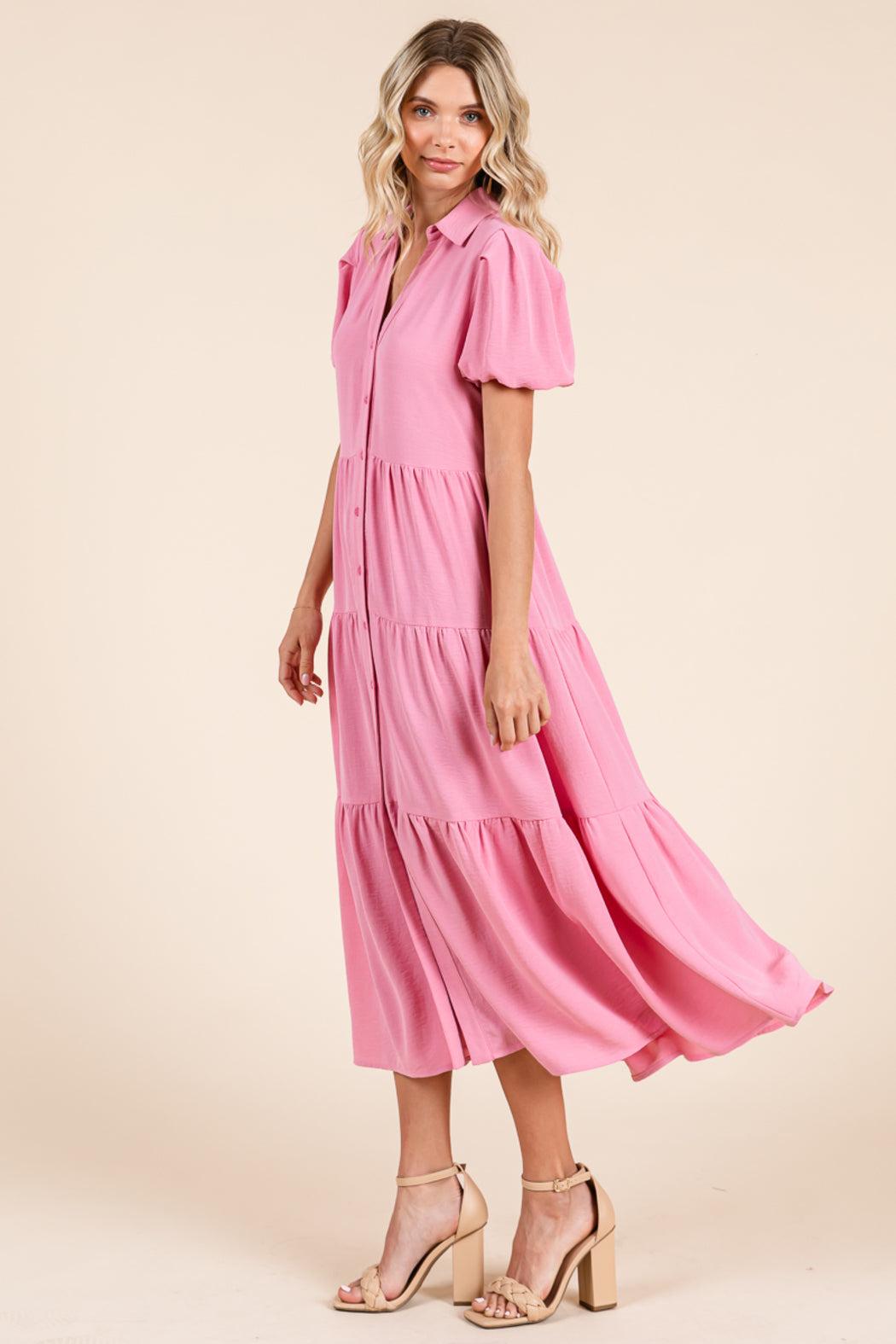 Tiered Button Down Puff Sleeve Midi Dress Product Image