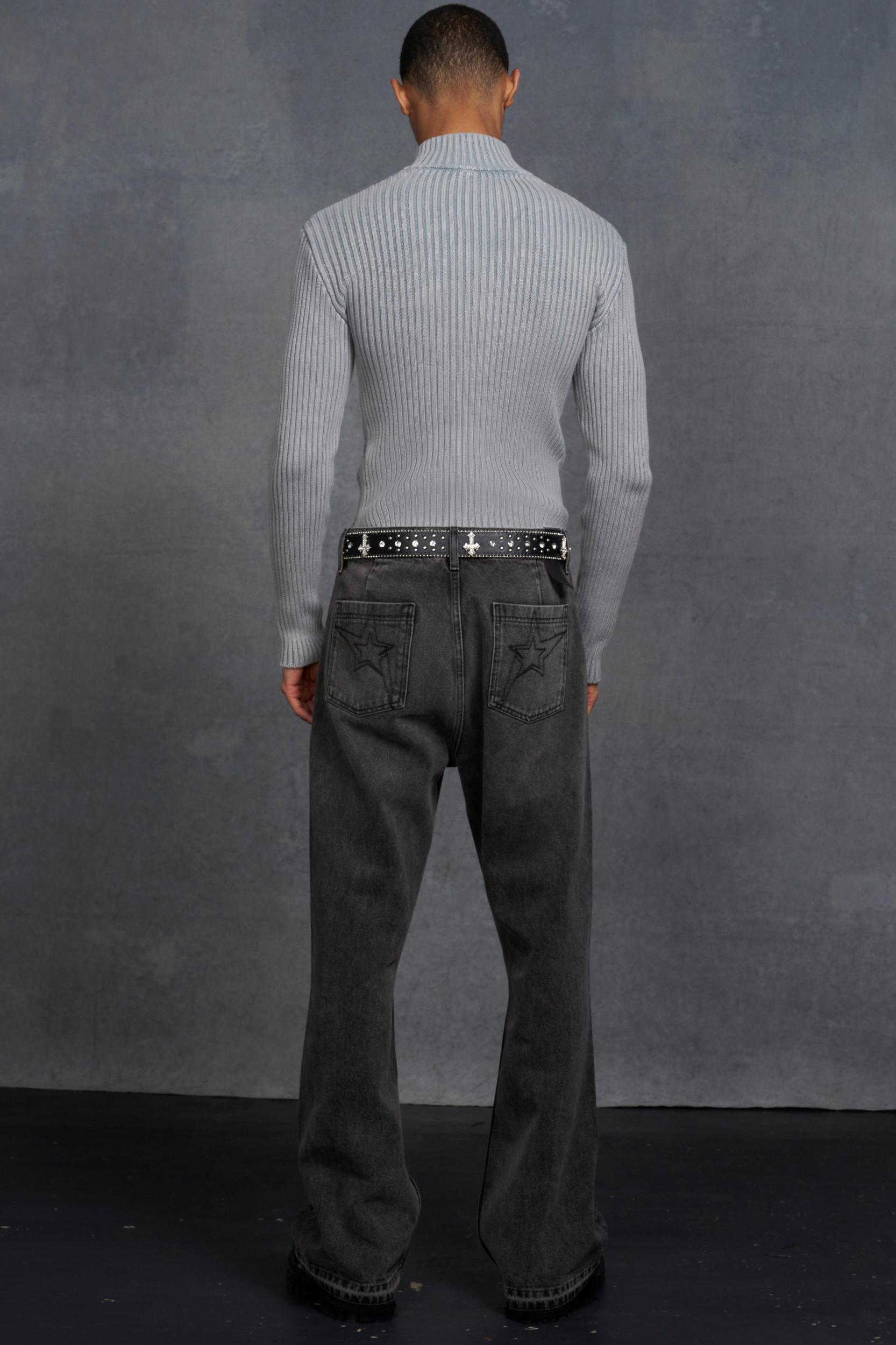 P-Star Muscle Fit Acid Wash Rib Knit Skull Print Sweater | boohooMAN USA Product Image