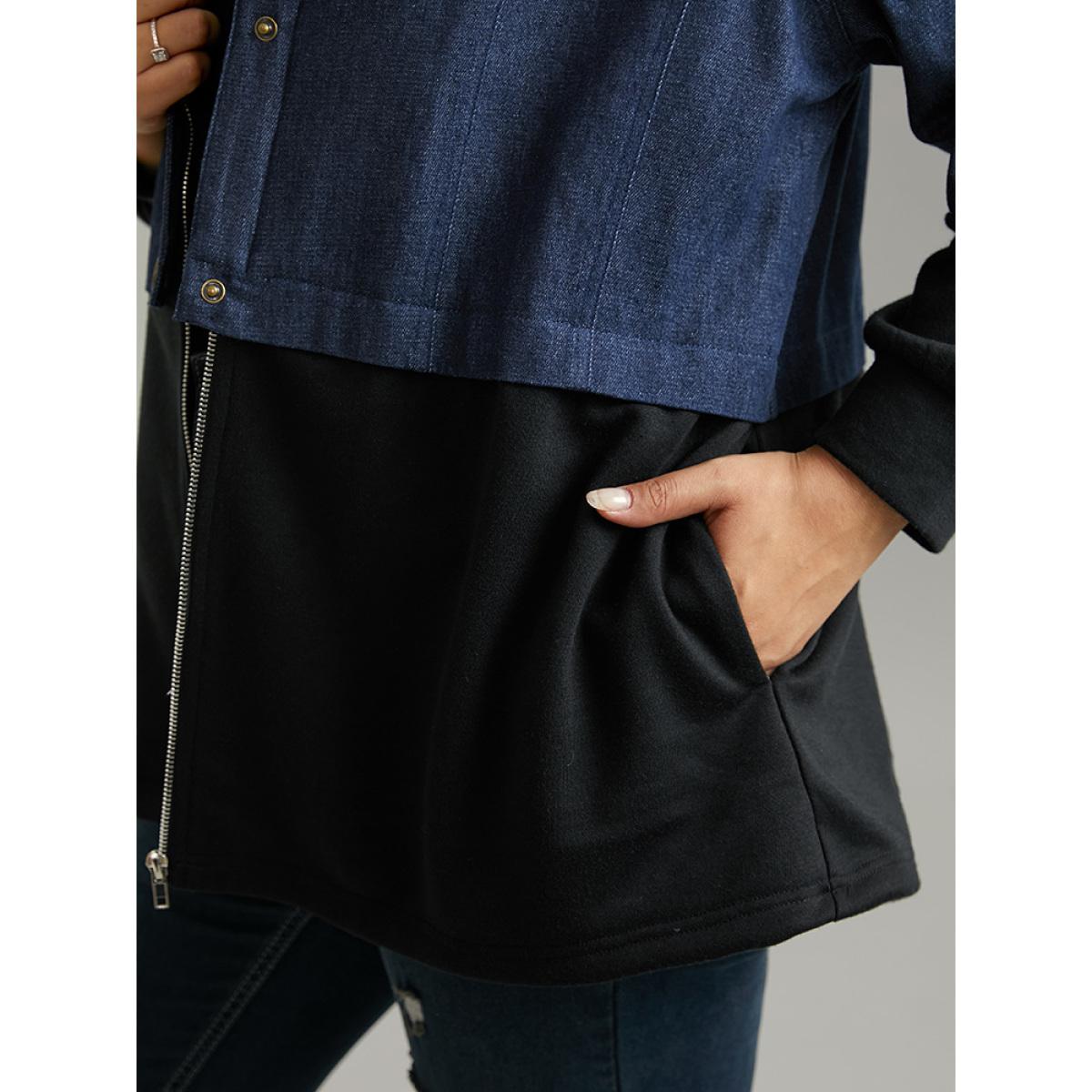 Plus Size Contrast Patchwork Button Up Pocket Zipper Coat Women Black Casual Contrast Ladies Everyday Winter Coats BloomChic 28/5X Product Image