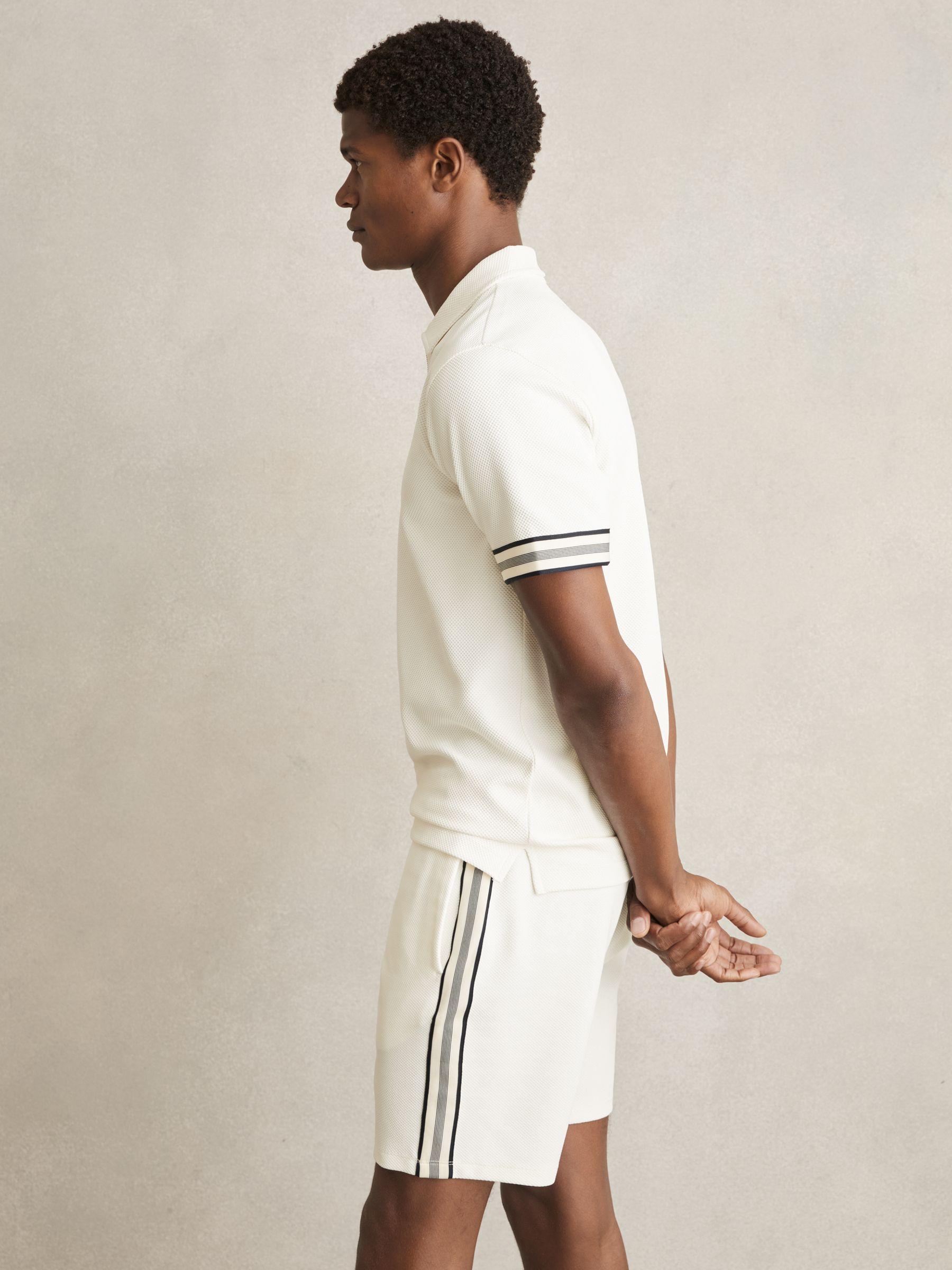 Textured Contrast Trim Half-Zip Polo Shirt in Off White Product Image