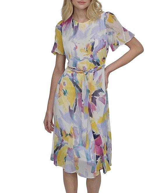 DKNY by Donna Karan Woven Floral Print Crew Neck Short Sleeve Fit and Flare Dress Product Image
