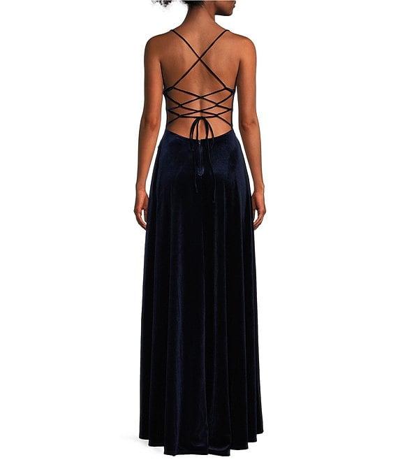 B. Darlin Spaghetti Strap Lace Up Back Stretch Velvet Dress Product Image