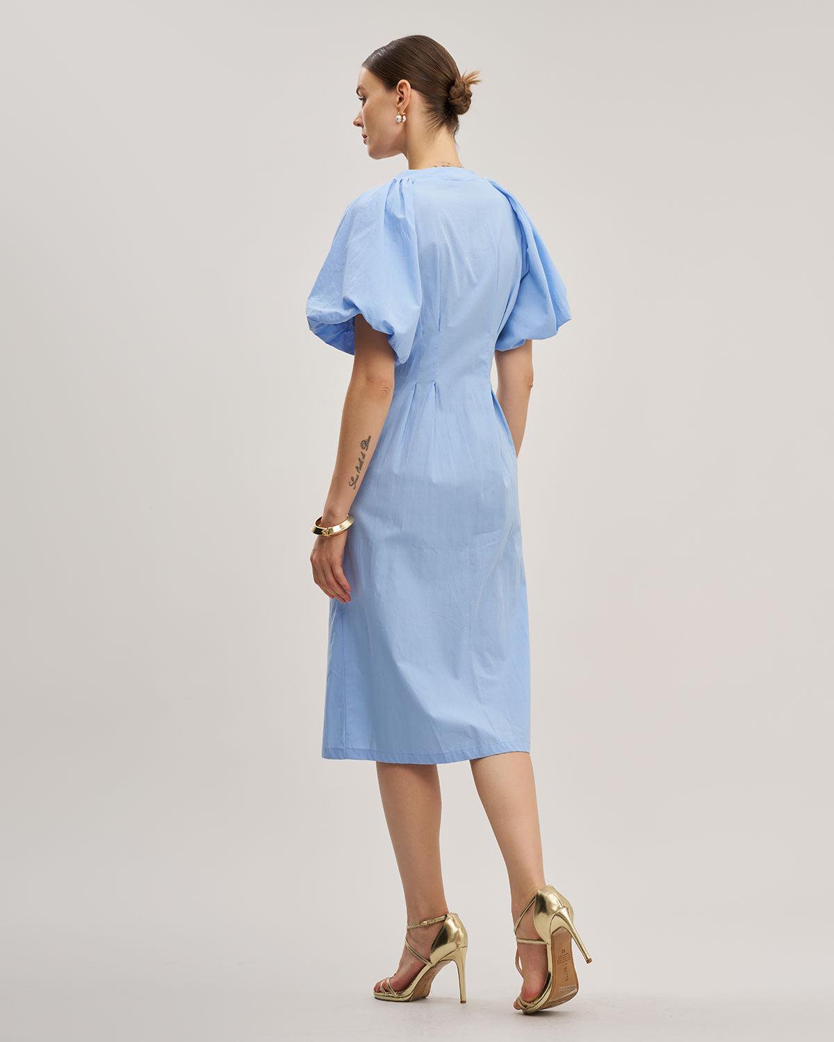 Blue Half Sleeve Button Midi Dress Product Image