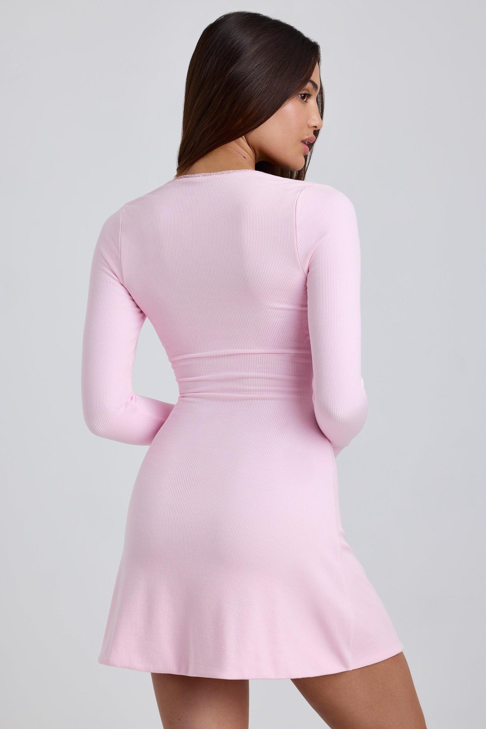 Ribbed Modal Lace-Trim Mini Dress in Blossom Pink Product Image