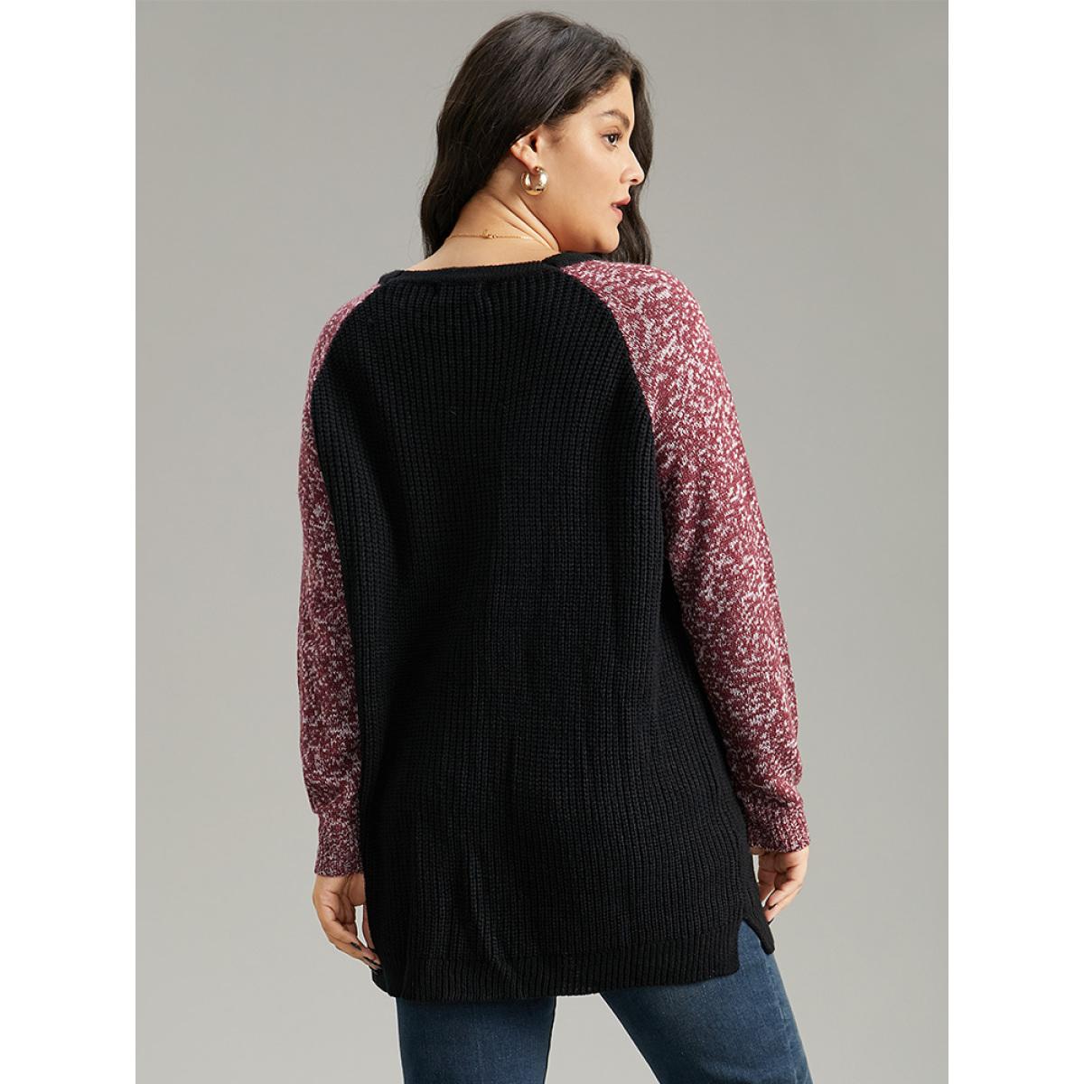 Plus Size Heather Patchwork Raglan Sleeve Pocket Cardigan Black Women Casual Loose Long Sleeve Dailywear Cardigans BloomChic 18-20/2X Product Image