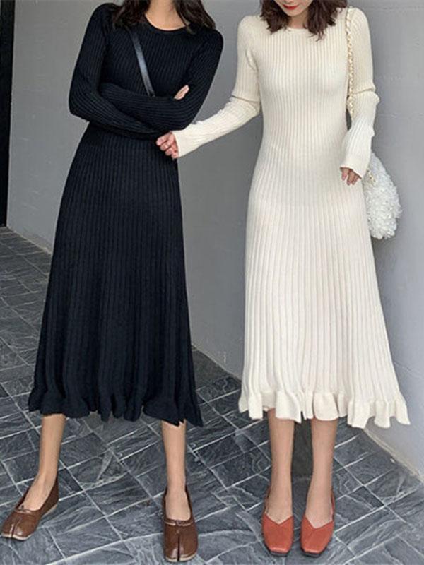 Long Sleeves Loose Ruffled Solid Color Round-Neck Midi Dresses Sweater Dresses Product Image