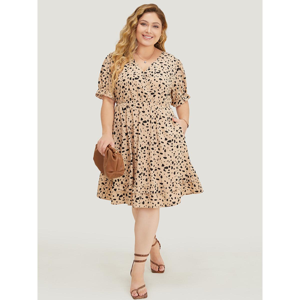 Plus Size Leopard Print Puff Sleeve Pocket Wrap Ruffle Trim Dress Apricot Women Office Wrap V-neck Short sleeve Curvy Knee Dress BloomChic 18-20/2X Product Image