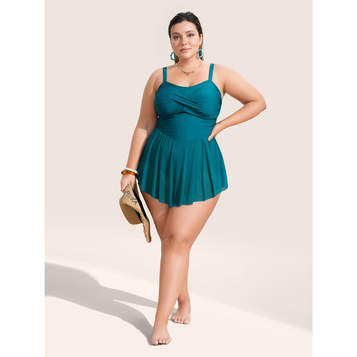 Plus Size Solid Twist Front Heart Neckline Swim Dress Women's Swimwear Teal Beach Bodycon Heart neckline High stretch Curve Swim Dresses BloomChic 10/M Product Image