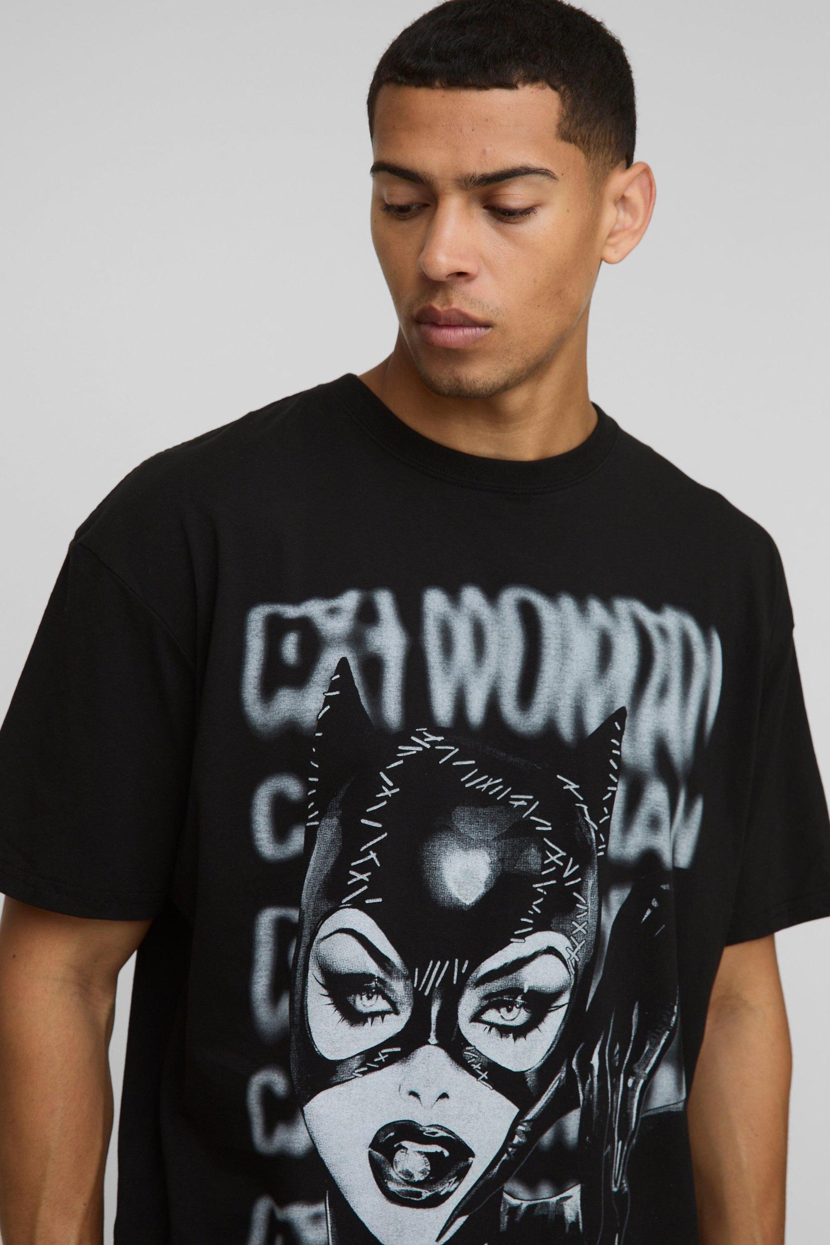 Black Oversized Catwoman License T-Shirt | boohooMAN USA Product Image
