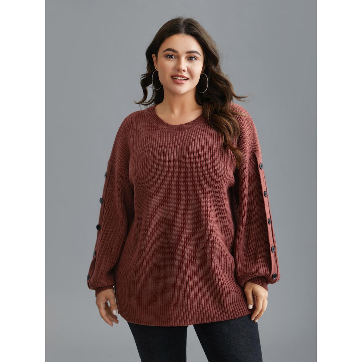 Plus Size Textured Drop Shoulder Button Detailing Pullover Russet Women Casual Loose Long Sleeve Round Neck Everyday Pullovers BloomChic 10/M Product Image