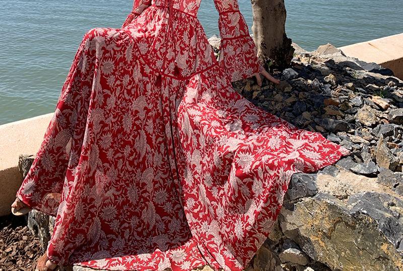 Long-Sleeve V-Neck Floral Print Tie Front Maxi A-Line Dress Product Image