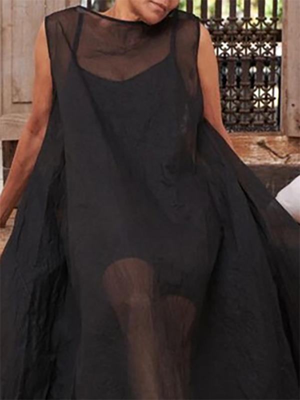 A-Line Loose Pockets See-Through Solid Color Round-Neck Cover-Up Midi Dresses Product Image