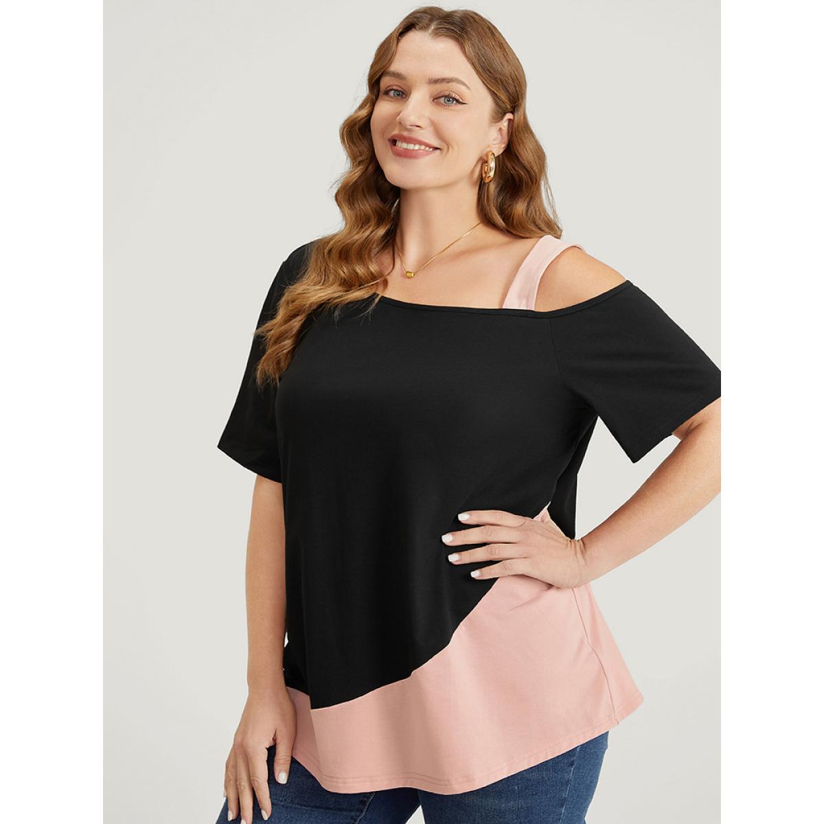 Plus Size Two Tone Asymmetrical Neck T-shirt Black Women Elegant Contrast Colorblock Asymmetrical Neck Dailywear T-shirts BloomChic 22-24/3X Product Image