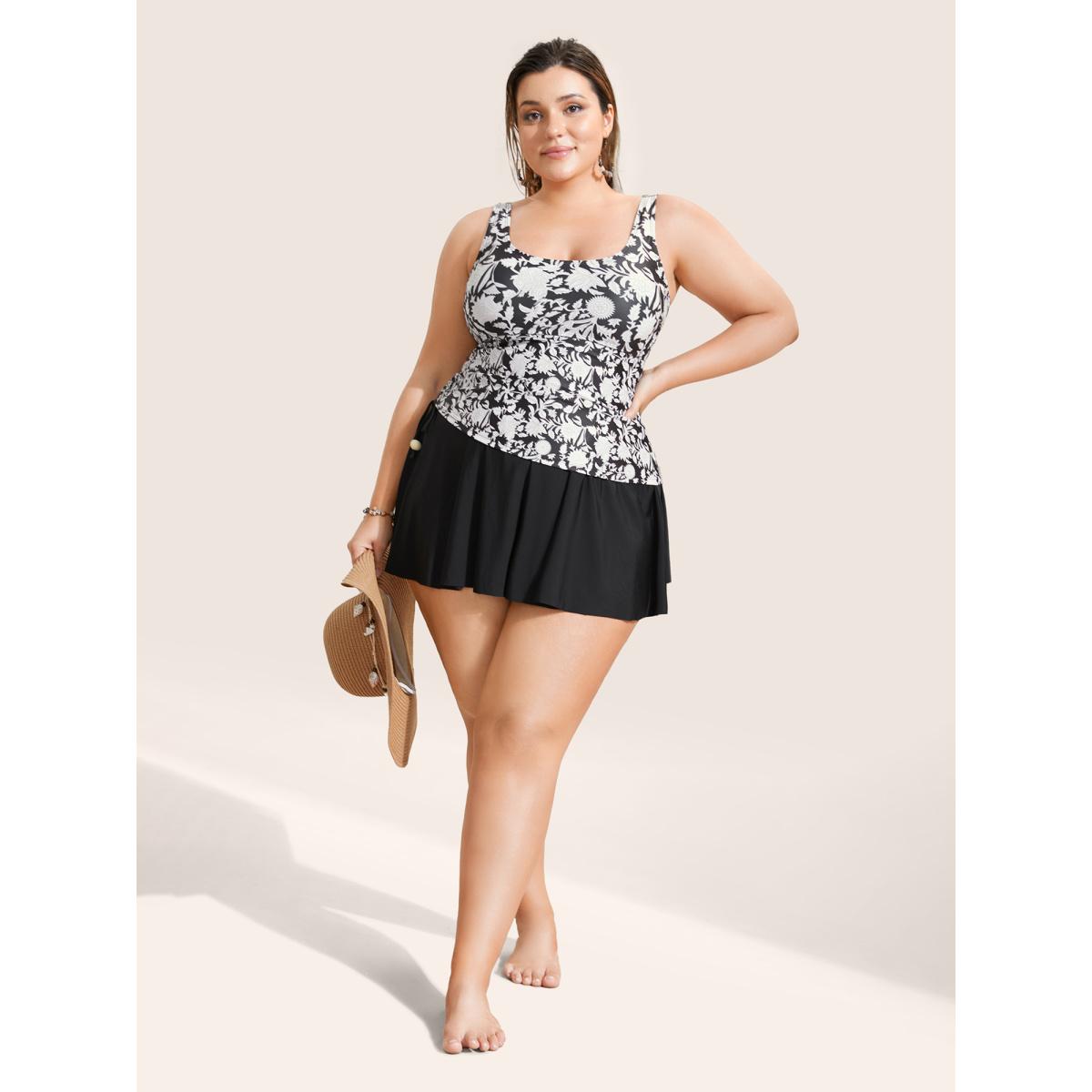 Plus Size Natural Flowers Tie Knot Drawstring Swim Dress Women's Swimwear Black Beach Bodycon U-neck High stretch Curve Swim Dresses BloomChic 26/4X Product Image