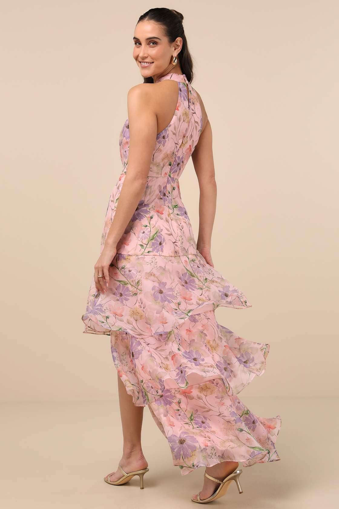 Forever Exceptional Light Pink Floral Halter Organza Maxi Dress Product Image