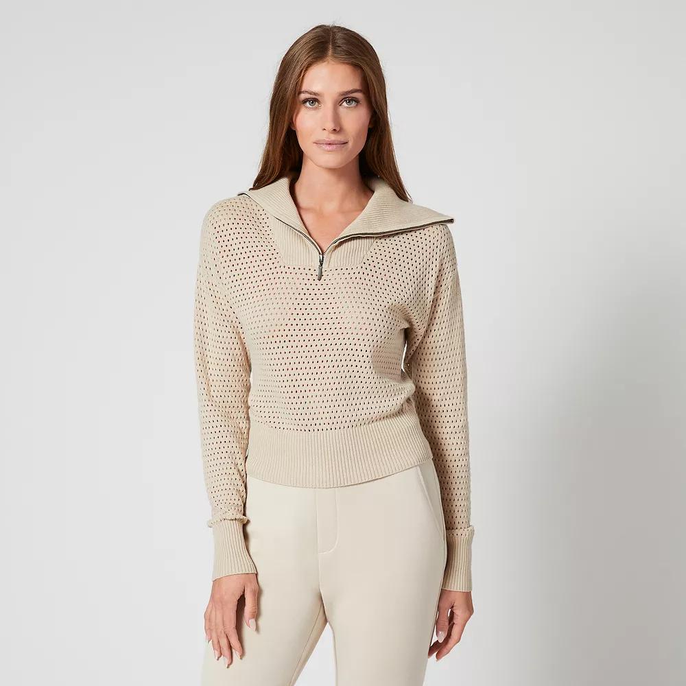 Womens Grey & Gray Zip Neck Mesh Stitch Sweater, Women's,  Product Image